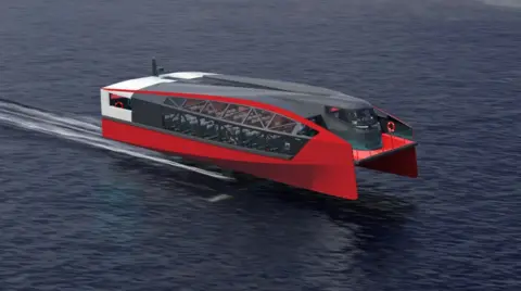 A CGI image of a red and black passenger ferry travelling over the water