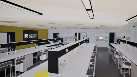 University of Suffolk/Concertus A CGI image of what the new pharmacy labs could look like at the University of Suffolk. The lab has long white tables with sinks and taps installed in them. Chairs line the length of each table. Some people stand in the doorway at the back of the room.