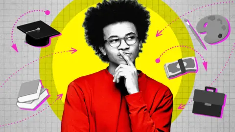 An illustrative graphic has a photo of a young man on a brightly coloured background. He is thinking with one hand on his chin as various items - books, a palette and paint, money, a briefcase - swirl around either side of him accompanied by arrows pointing in different directions