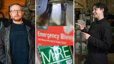 Prepper Leigh Price in a wax jacket, BBC journalist Rowenna Hoskin, a knife collection, emerganct bivvy bag and an MRE.