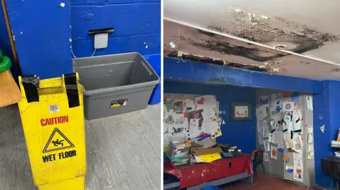 A wet floor warning sign and a photo showing black mould on ceiling