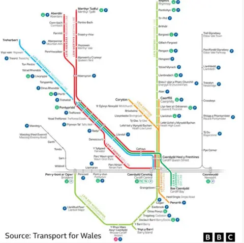 Map showing the South Wales Metro routes across south-east Wales