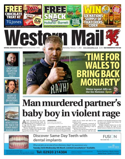 Western Mail Front page of Western Mail shows two main headlines. The first "'Time for Wales to bring back Moriarty'" next to an image of a male rugby player standing in his kit with his right thumb up looking at the camera. The other headline reads "Man murdered partner's baby boy in violent rage". Other headlines read: "Chef's got recipe for success", "Agony of botched operations", "New station on track for funds boost".