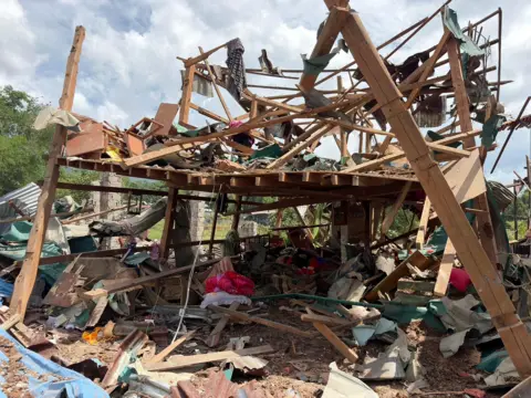 EPA A destroyed building following an explosion in the village of Kaung Tat that killed at least 46 people and injured dozens more.