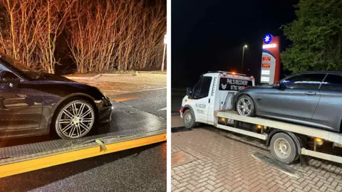 Supplied A picture of a Porsche on a loader on the left against a photo of a BMW on the right.
