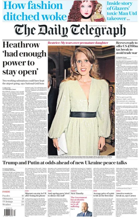 A picture of Princess Beatrice, wearing a green dress with a black belt, shows her smiling at the camera. The headline above reads: Beatrice: My tears over premature daughter. Beside, a headline reads: Heathrow 'had enough power to stay open'