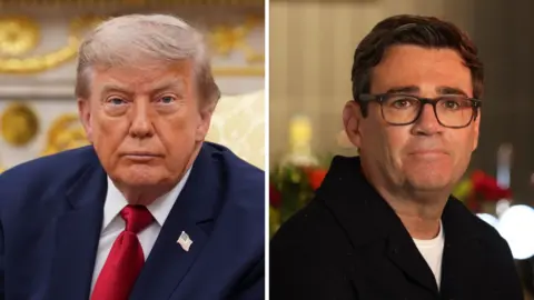 Split screen. Left, Donald Trump. Right, Andy Burnham.