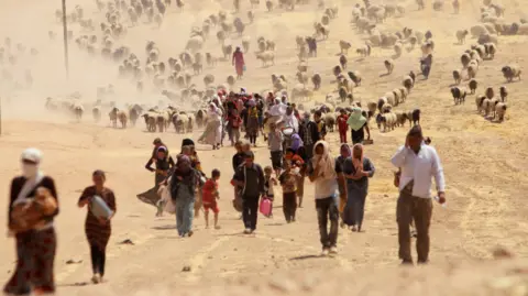 Reuters Yazidi people flee their homes, followed by livestock. 