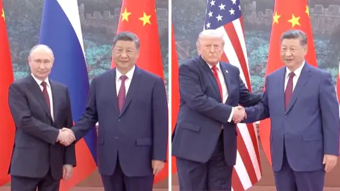 A composite image of Putin and Trump stood next to Xi
