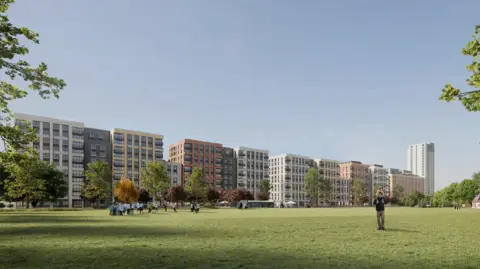 A CGI image of the proposed flat blocks in Reading on a fine day and people playing on a field in front of them.