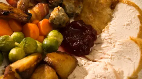 A close-up of a traditional turkey dinner, showing sprouts, roast potatoes, carrots, parsnips, pigs-in-blankets, a slice of turkey and cranberry sauce.