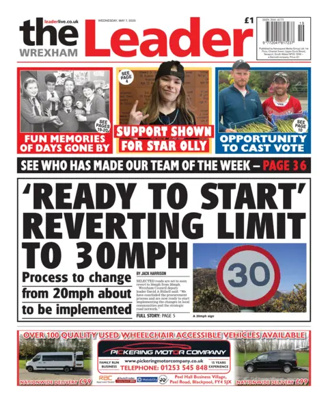 Wrexham Leader Front page of the Wrexham Leader showing a picture of a 30 miles per hour sign an the headline, 'ready to start' in quotes, then reverting liming to 30mph 