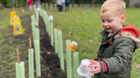 A young boy helping to plant a line of trees, marked with two lines of green sticks and a path of soil through the centre.