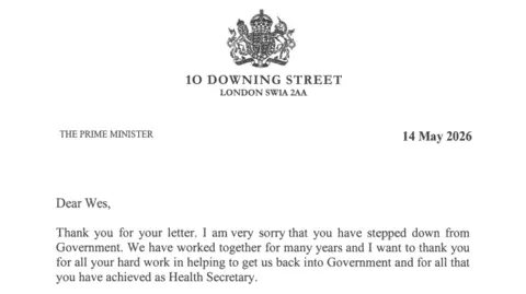 Downing Street The top of Sir Keir Starmer's letter in response to Wes Streeting's resignation