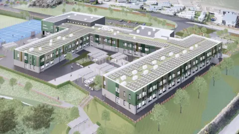 AHR Architects An artist's impression of the academy building viewed from above. It is a large U-shaped building surrounded by gardens and trees.