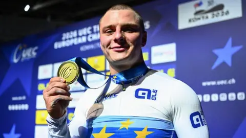 Great Britain cyclist Matt Richardson wins men's keirin at the 2026 UEC Elite European Track Championships. 