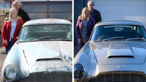 John Williams Before: A rusted and battered Aston Martin DB5 stands on the drive of a house. John and Susan Williams are standing next to it smiling at the camera. After: The refurbished Aston Martin DB5 stands on the drive of a house. John and Susan Williams are standing next to it smiling at the camera