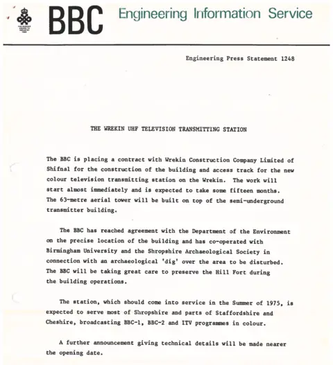 BBC Written Archives A BBC Engineering Information memo announcing the placement of a contract for the construction of the Wrekin transmitter building with Wrekin Construction of Shifnal.