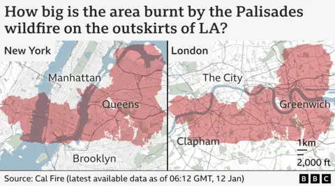 A side-by-side comparison map of the Los Angeles area affected by the Palisades Fire since January 12 with maps of New York (left) and London (right).