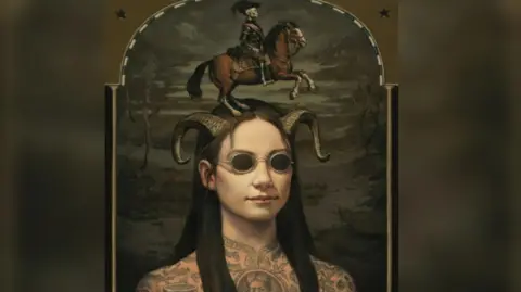 North Yorkshire Police A painting of a heavily tattooed being with long hair and wearing sunglasses with a skeleton riding a brown horse perched on top of their head