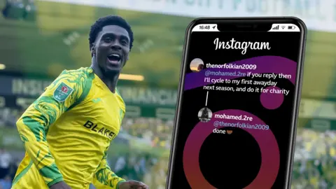 A composite image of Mo Touré in action for Norwich City alongside a graphic of an Instagram post, which reads from Ranulph: "If you reply, then I'll cycle to my first away day next season and do it for charity." Mo replied, "Done."