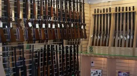A selection of rifles on display in a shop. Some are hanging length ways on a wall, others are displayed in a wooden case.