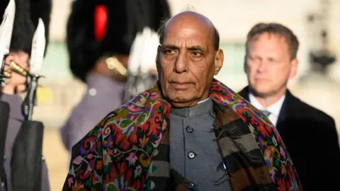 India's Defence Minister Rajnath Singh inspects a ceremonial Guard of Honour at Horse Guards Parade on January 09, 2024 in London, England. UK Secretary of State for Defence, Grant Shapps, hosted the first visit of a sitting Indian Defence Minister in 23 years as Rajnath Singh embarked on a three-day trip to the UK starting Monday. (Photo by Leon Neal - WPA Pool/Getty Images)