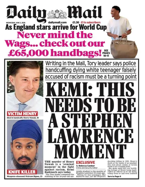 The headline on the front page of the Daily Mail reads: “Kemi: This needs to be a Stephen Lawrence moment”.