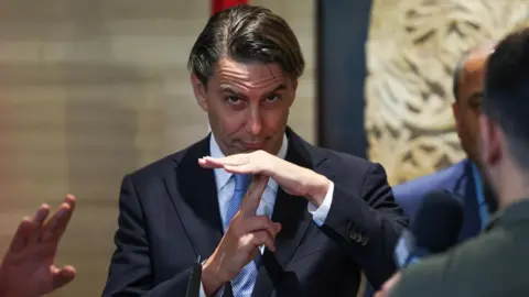 Reuters U.S. Special Envoy Amos Hochstein gestures as he attends a news conference after meeting with Lebanese Parliament Speaker Nabih Berri in Beirut, Lebanon (August 14, 2024)