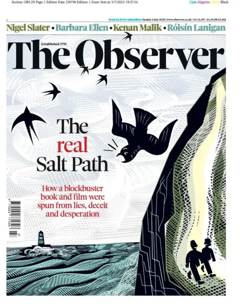 The main headline on the Observer is "The real Salt Path', a report on Raynor Winn's bestselling memoir and the subsequent film. 