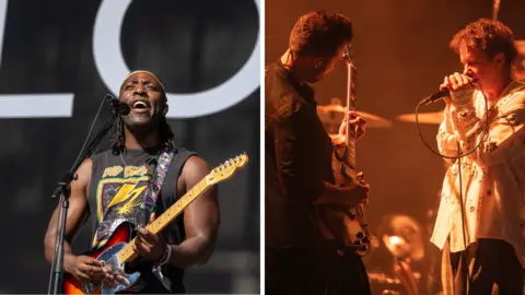 Getty Images Two pictures split by a central white line. On the left is Kele Okereke of Bloc Party, who is playing a guitar on stage whilst singing into a microphone. On the right are Dom Craik and Conor Mason of Nothing But Thieves. Mason is singing whilst Craik is playing guitar.