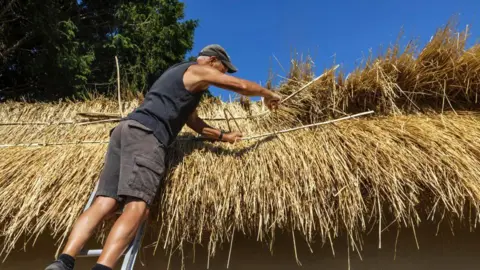 Getty Images A thatcher works on a roof, covering it with straw. He wears a dark vest top and dark grey trousers along with a cap on a sunny day. 