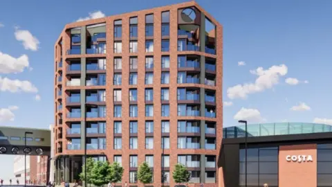 Rokeby Merchant Developments Ltd A computer generated picture of a large, red brick, tower block with lots of windows, next to a costa. 