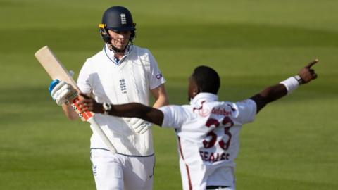 Jayden Seales celebrates the wicket of Zak Crawley
