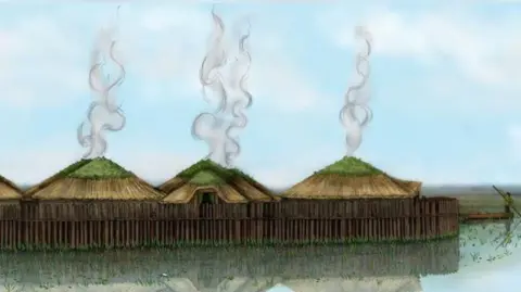 V Herring/Cambridge Archaeological Unit An artist's impression of the Bronze Age of roundhouses surrounded by water and a person on a boat at Must Farm 