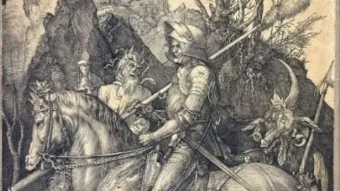 A photo of the engraving showing a knight in armour on horseback and a devil figure standing next to him