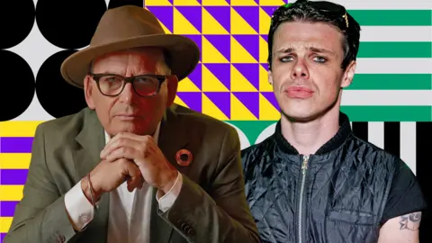 A designed photoshopped image. Two men are against a bold, retro-inspired backdrop of geometric patterns: black circles on white, yellow and purple triangles, and striped sections in green and black-and-white. 
The left person sports a green blazer, crisp white shirt, brown fedora, and a visible bracelet. 
The right individual, who is the singer Yungblud, contrasts sharply. He is dressed in a modern black quilted jacket, with tattoos on display down the forearm, giving off a more contemporary vibe.