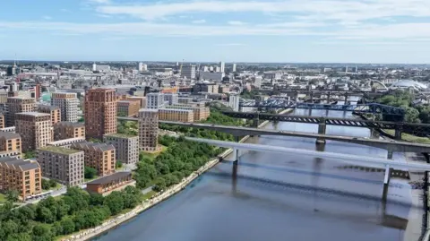 Artist's impression showing several multi-storey blocks of flats on land next to the River Tyne. Spanning the water, on the right of the image, is a footbridge. It is shown next to the area's existing structures such as the Redheugh Bridge and Tyne Bridge.