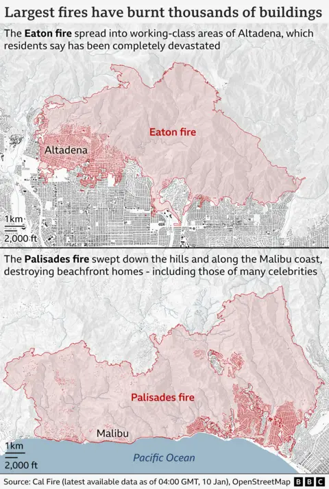 A map titled: largest fires have burnt thousands of buildings. The graphic then shows the extent of the two biggest wildfires - Eaton and Palisades fires - which have destroyed thousands of buildings between them.