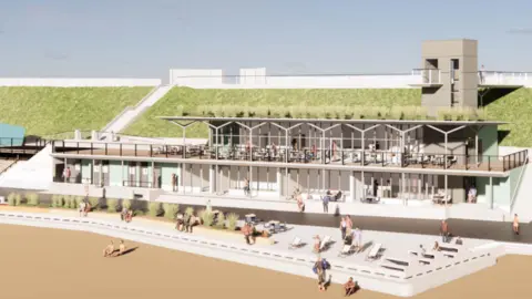 Artist's impression of development showing images of people on promenade and two-storey restaurant and cafe complex with foliage and large glass windows  