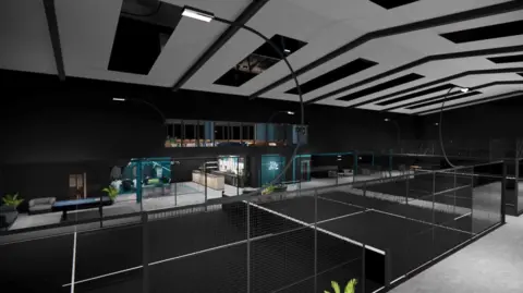 Layrd Design Black padel courts including white lines are visible. The roof is partly white and includes black rectangular shapes.