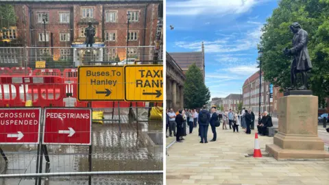 Two images of the same area outside a train station. The left image includes two four road signs directing pedestrians around metal fencing and roadworks. The right image only includes one traffic cone, the area is busy with people in smart clothes and the weather is much improved.