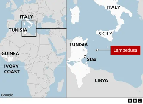 A composite image of two maps. The map on the left highlights the region of southern Italy's coast. The map on the right is a closer look at the islan of Lampedusa which sits between Tunisia and Sicily 