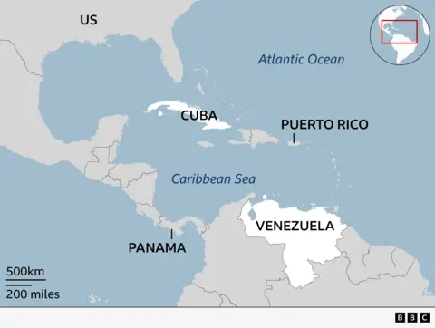 Map showing Cuba's location in relation to Venezuela, as well as neighbouring Caribbean countries like the United States and Panama.