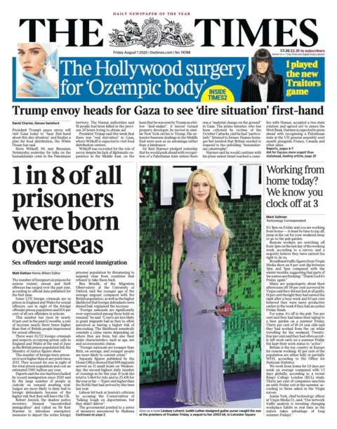 The headline on the front page of the Times reads: "One in eight of all prisoners were born overseas".