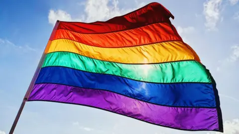 A rainbow flag flaps in the wind. The light of the sun shines through it. 