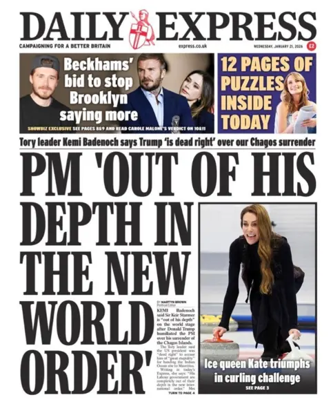 The headline on the front page of the Daily Express reads: "PM out of his depth in new world order."