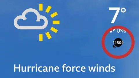 Image from BBC Weather App showing false wind speeds ringed