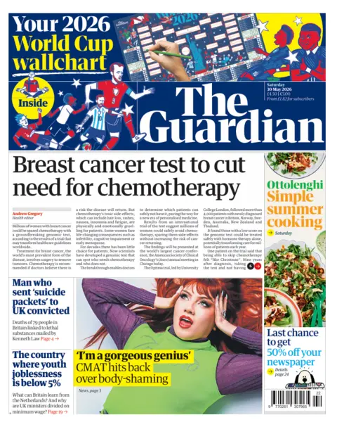 The headline on the front page of the Guardian reads: 'Breast cancer text to cut need for chemotherapy'.