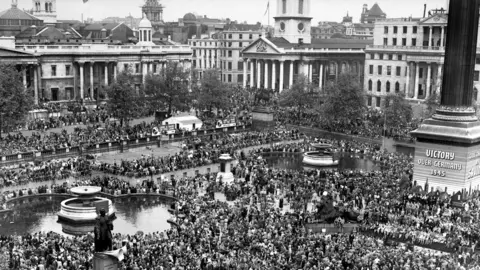 PA Media File photo dated 08/05/1945 of huge crowds at Trafalgar Square celebrate VE (Victory in Europe) Day in London, May 8th 1945, marking the end of the Second World War in Europe.